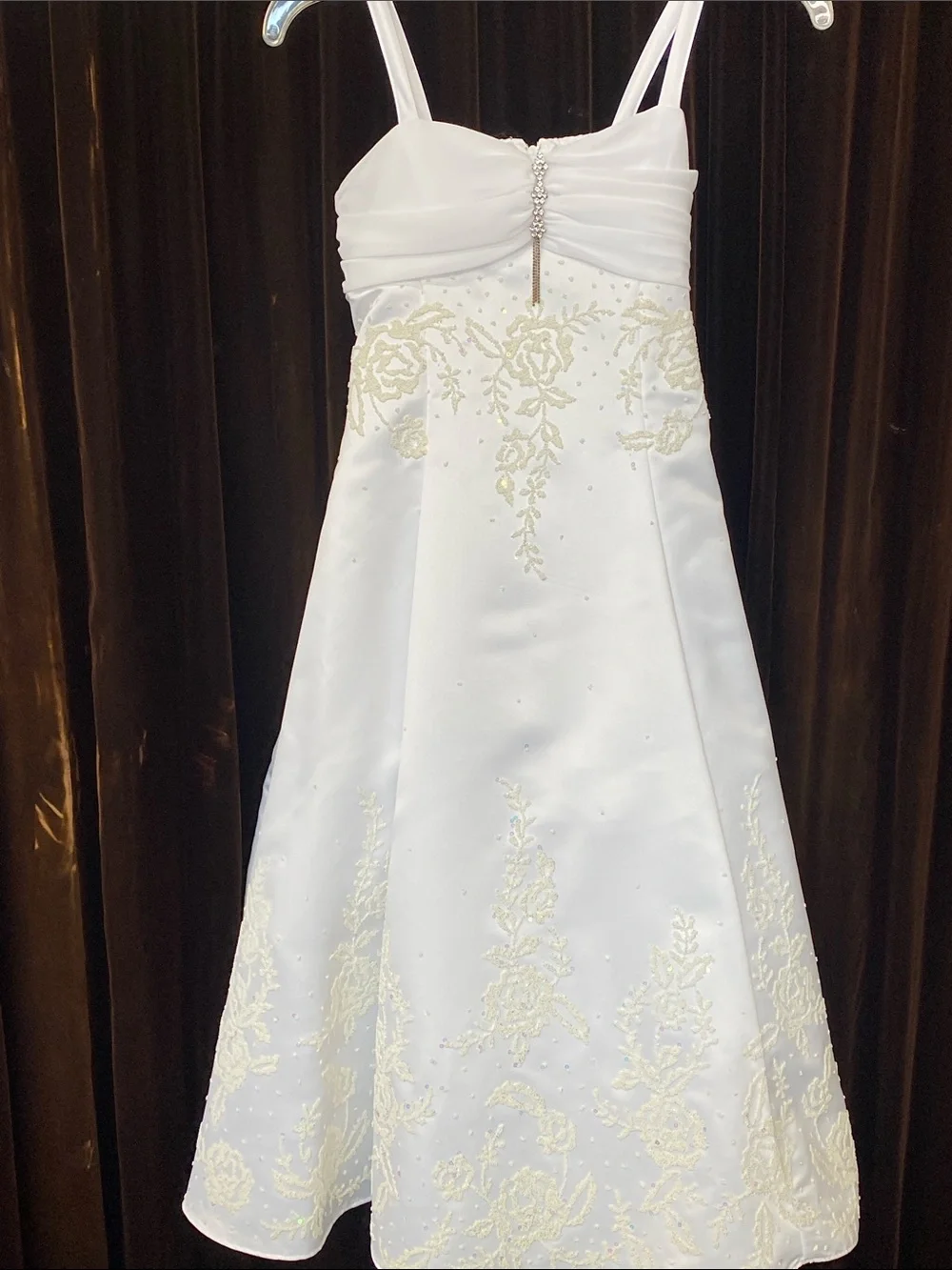 New Without Tag Girls White Embroidered Satin Dress with Gold Accents